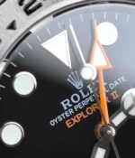 Close-up of the dial logo on the Rolex Explorer II Black Dial 226570-0002 watch