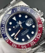 Close-up of the blue dial on the Rolex 126719BLRO-0003 with luminous hour markers.