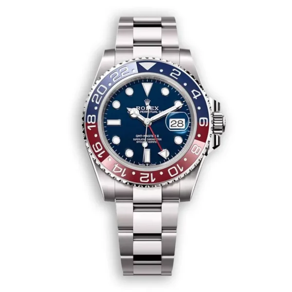 Front view of the Rolex GMT-Master II Pepsi Blue Dial 126719BLRO-0003 super clone watch with ceramic bezel.
