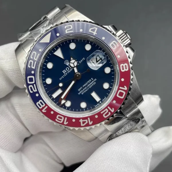 130-degree angle view of the Rolex GMT-Master Pepsi white gold 126719BLRO-0003 watch.