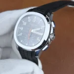 Detailed view of the bezel of the Patek Philippe 5968A-001, showing brushed and polished surfaces