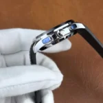Close-up of the 5968A-001 chronograph pushers and crown, highlighting polished finish and engraving