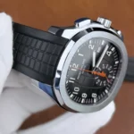 Close-up of the black rubber strap connected to the stainless steel lugs of the 5968A watch