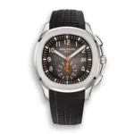 Front view of Patek Philippe Aquanaut 5968A-001 chronograph watch on a clean white background, showing the full dial and case