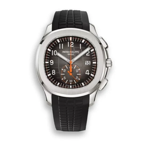 Front view of Patek Philippe Aquanaut 5968A-001 chronograph watch on a clean white background, showing the full dial and case