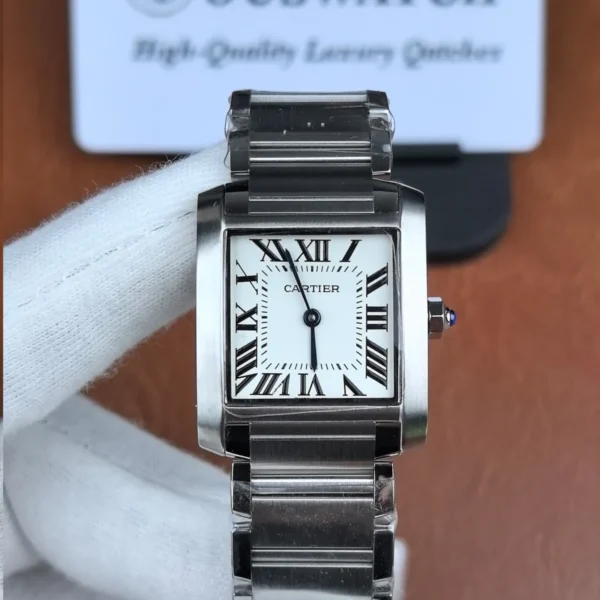 Front view of the Cartier Tank Française W51008Q3 stainless steel watch.