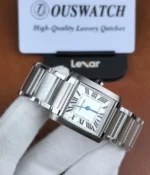 Side angle view of the dial and hands on the Cartier W51008Q3 watch.