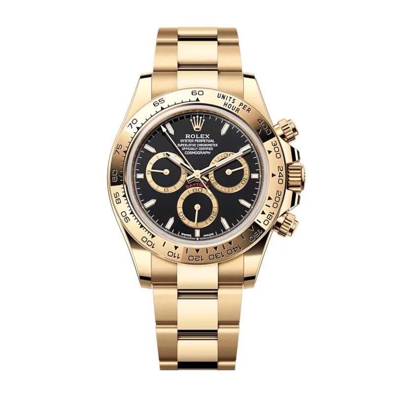 Front view of the Rolex Daytona 126508-0004 yellow gold watch with a black dial design.