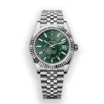 Front view of the Rolex Sky-Dweller 336934-0002 with a green dial, fluted bezel, 24-hour display, date magnifier, and Jubilee bracelet.
