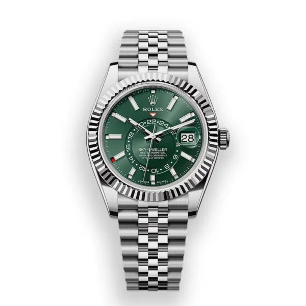 Front view of the Rolex Sky-Dweller 336934-0002 with a green dial, fluted bezel, 24-hour display, date magnifier, and Jubilee bracelet.