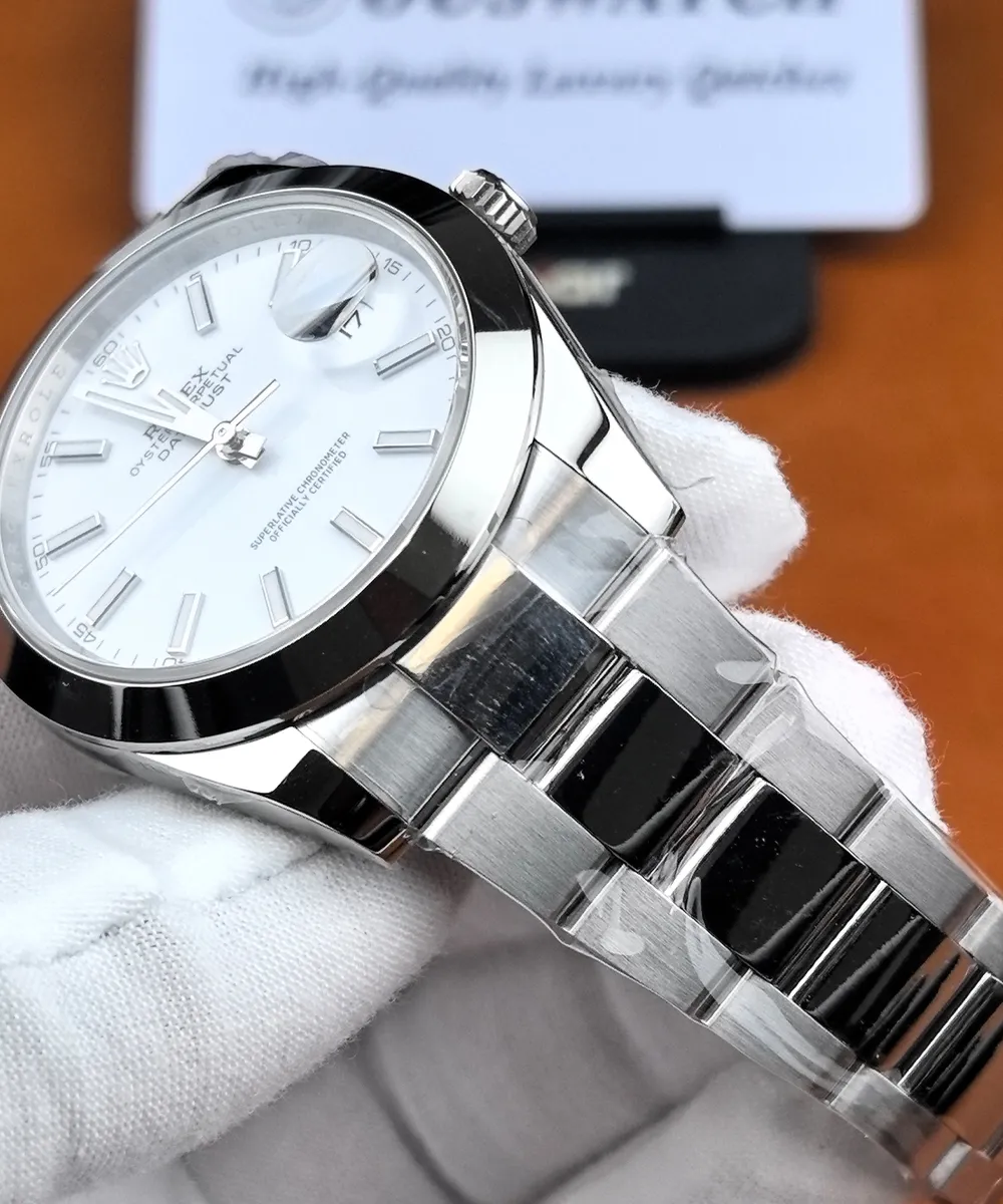Angled view of the Rolex Datejust 126300 highlighting the polished case, white dial, and brushed and polished Oyster bracelet links.
