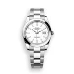 Front view of the Rolex Datejust 41 Ref. 126300 with a white dial, smooth polished bezel, date display, and Oystersteel bracelet.