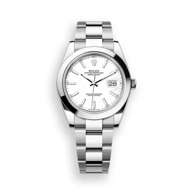 Front view of the Rolex Datejust 41 Ref. 126300 with a white dial, smooth polished bezel, date display, and Oystersteel bracelet.